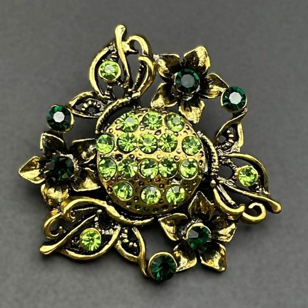 Yellow Gold with Emerald and Peridot Green Crystal Flower Pin Back Brooch